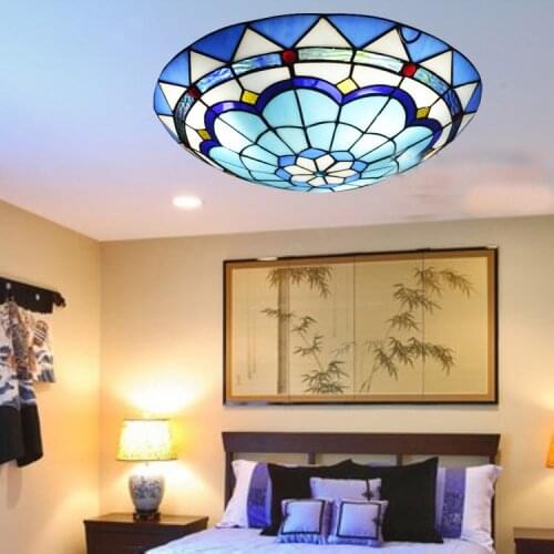 Modern Mediterranean Sea Style Blue Stained Glass Tiffany 30/40/50 cm in Diameter Round LED E27 Ceiling Light for Aisle Corridor