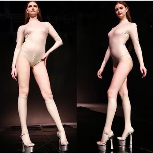 XXL Turtleneck Long Sleeve Bodysuit Sexy Black Bodysuits Zipper Open Crotch Latex Catsuit Pole Dance Bodycon Jumpsuit One Piece