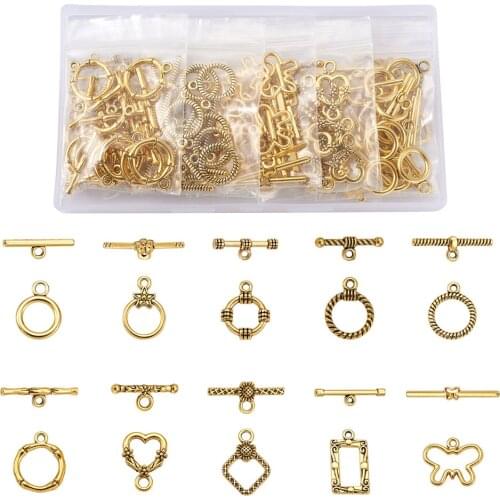 Pandahall Mixed Shapes Tibetan Style Alloy Toggle Clasps for Jewelry Making DIY Antique Golden Antique Bronze 100sets/box
