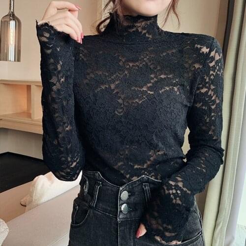 2021 Shirts for Women SlimLace Black Long Sleeves Streetwear Lace Hollow Out Solid Turtleneck Blue Tops for Women Shirts 0827