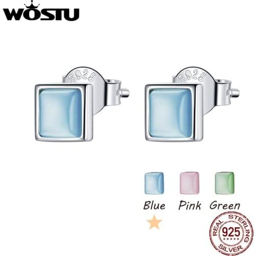 WOSTU 925 Sterling Silver Synthetic Opal Blue Green Pink Stud Earrings For Women Wedding Fashion Anniversary Jewelry CQE1269
