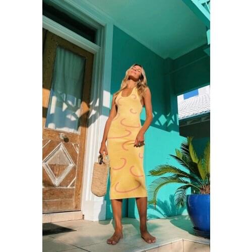 New Women Knit Halter High Waist Dress Adults Slim Fit Sleeveless Geometric Print U-Shaped Neck Dress Skin-Friendly S M L