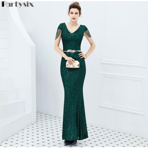 Partysix New Summer 2021 Women Sequin Evening Dress Elegant V Neck Beaded Party Bodycon Maxi Dress