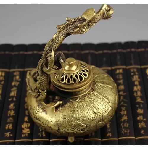 Antique Pure Copper Brass Handicrafts Gift Portable Dragon Censer Incense Burner