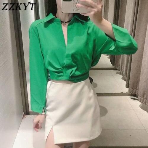 ZZKYT 2021 Women Spring Fashion Solid Folds Cropped Blouses Vintage Elastic Waist Lapel Collar Long Sleeve Casual Slim Top Mujer