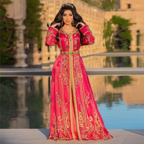 Moroccan Kaftan Prom Formal V-Neck Gold Applique A-Line Floor Length Saudi Arab Muslim Party Gown Islamic Special Occasion Gown