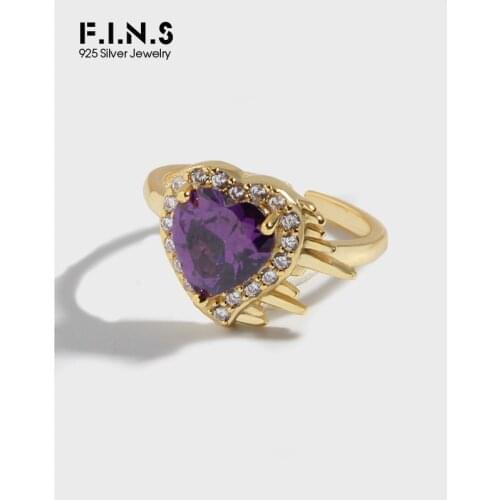 F.I.N.S Fashion Unique Design Love Heart S925 Sterling Silver Finger Ring Romantic Heart Shaped Purple Zirconia Wedding Ring