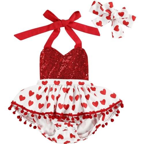 0-24 Months 2 Pcs Newborn Baby Girl Valentine Clothing Sleeveless Love Print V-Neck Pompom Sequin Halter Romper Headband