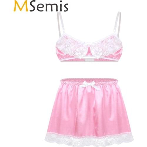 Mens Sissy Lace Lingerie Set Adjustable Spaghetti Straps Wetlook Satin Bra+Mini Sexy Skirt Hot Erotic Gay Crossdresser Nightwear