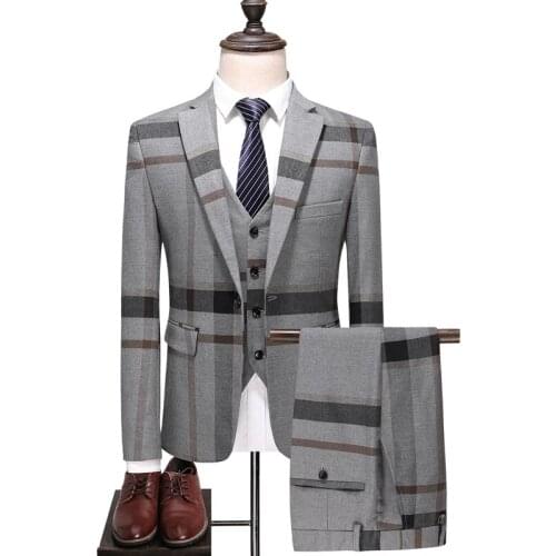 Jackets+Vest+Pants) 2021 clothing Men pure cotton plaid business Blazers/Male slim Fashion Male groom dress three-piece suit