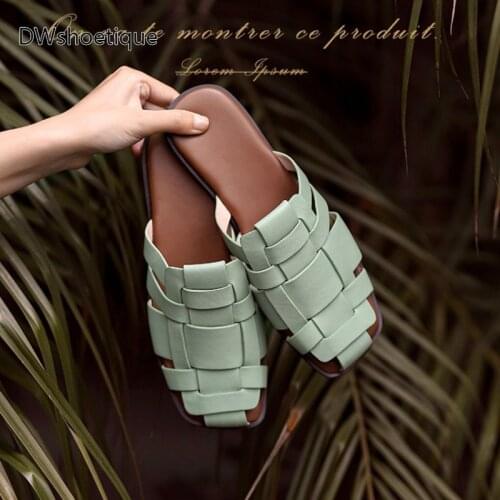 Summer genuine leather close toe woven women slides casual outside flat slippers
