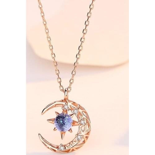 Cute Exquisite Aurora Moonstone Pendant Necklace Women Girls Simple INS Clavicle Chain Hollow Moon Pendant Chains Jewelry Gifts