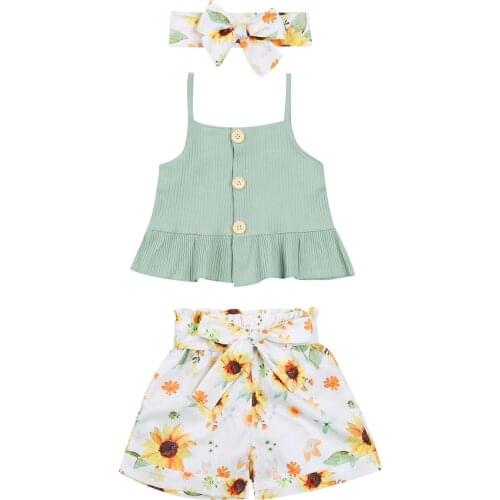 New 3Pcs/Set Baby Girl’s Clothes Fresh Solid Color Button Camisole and Flower Bandage Short Pants and Headband
