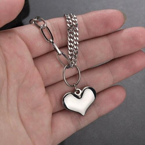 2 Double Chain Link Silver color Tone Love Heart Stainless Steel Pendants Necklaces for Women Man Valentine Lover Gift