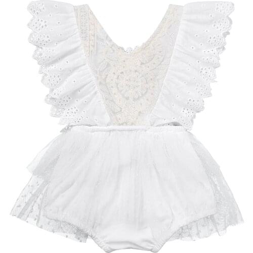Princess Infant Baby Girls Lace Embroidery Romper Dress Sweet Baby Ruffled Flutter Sleeve Backless White Jumpsuit Summer Romper