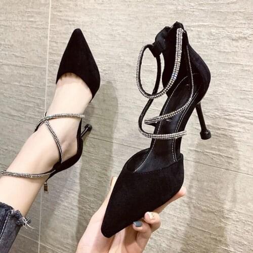 Luxury Rhinestone Strappy Sexy Stiletto Pumps Designer Pointed Toe Party Kitten High Heels Women Summer Sandals Ladies Shoes