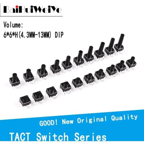 50PCS/LOT 6x6mm Tact Switch Push Button Switch 12V Copper 4PIN DIP Micro Switch For TV/Toys/home use Button 6x6x4.3/5/6/7-13MM