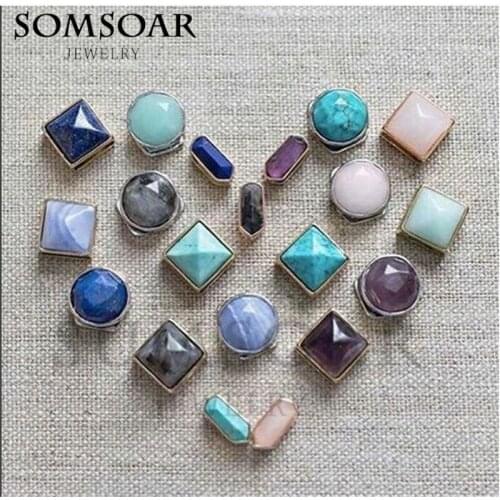 Somsoar Jewelry Square and Round Natural Wishing stones Charms fit Leather wrappable Mesh Bracelet 10pcs/lot