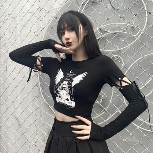 Black Dark Goth Women T-shirts 2020 Summer Lady Hollow Out Lacing Sleeve Witch Print Hipster Short Length Tshirt Basic Cool Top
