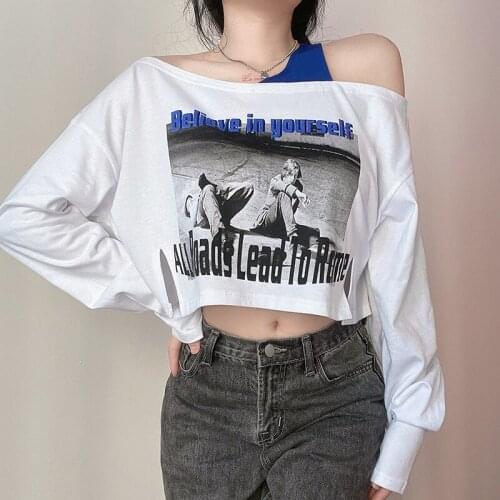 Women Cold Off Shoulder T-shirt Adults Figure Letter Print Boat Neck Long Sleeve Crop Top Ladies Autumn Pullover Tops Streetwear