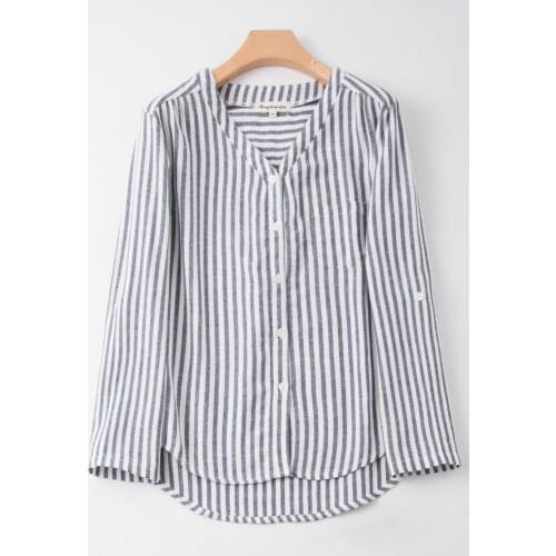 New Products Shirts 100% Cotton Women Pajamas Long Sleeved Sleep Tops Striped V-Neck Sleeping Wear Sexy Nightgown Sleepshirt