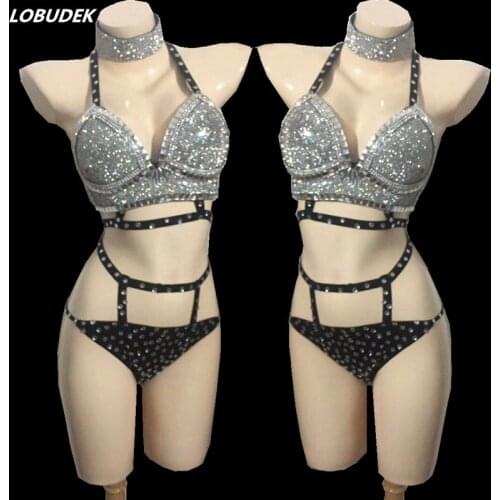Silver Crystals female singer DJ DS costumes Full Diamond sexy Bikini suits nightclub Bar dance performance stage wear show