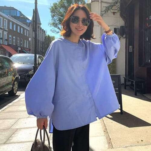 Johnature Autumn New Korean Loose Solid Color Womens Tops And Blouses 2021 Casual O-neck Lantern Sleeve Irregular Female Shirts