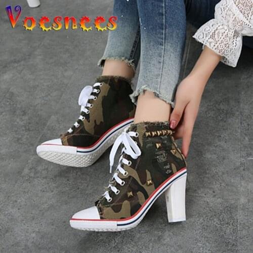Pumps 2019 Sexy Personality Winter Shoes Lace-up High-top Lace Thin Heels High-heeled Cowboy Canvas Rivets Plus-size 4 color