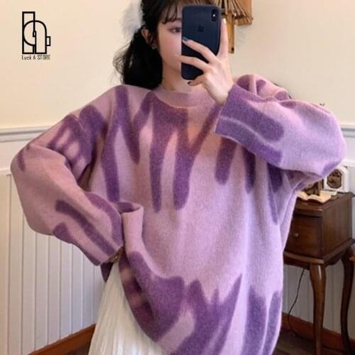 Women Winter Loose Long Sweaters Streetwear Sueter Mujer Print Knitted Sweater Women Elegant Green Striped Oversized Pullovers