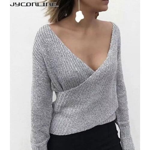 JYConline Winter Sexy Off Shoulder Deep V Neck Knitting Sweater Women Pullover Female Jumper Casual Christmas Sweater Pull Femme