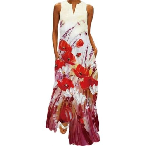 Summer Women Dress Stylish Sleeveless Butterfly Print V Neck Large Hem Maxi Dress Boho Summer vetement femme 2021