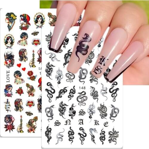 Snake Nail Sticker 3D Ultra Thin Dark Retro Dragon Sexy Girl Symbol God Applique Slider Design DIY Nail Art Decoration NL145-152