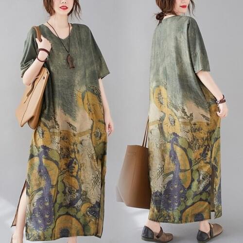 2021 Vintage Plus Size Print Cotton Linen Beach Midi Sundress Summer Korea Women Loose Maxi Dress Elegant Bodycon Party Vestidos