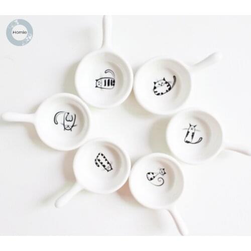 Homies 6pcs/set Super Cute Cat Ceramic Sauce Dish with handle Mini Side Seasoning Dish,Condiment Dishes,,Snack Serving Dishes