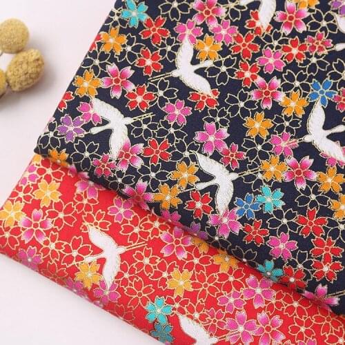 Crane&Flowers Japanese Bronzing Cotton Fabric For Sewing Kimono Dolls & Bags Needlework Patchwork Cloth