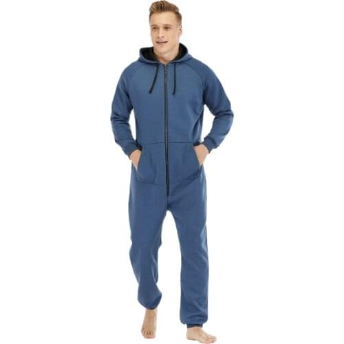 Jumpsuit Men Quality Pajamas Onesie Adults Autumn Winter Casual Hoodie Blue Zipper Sleepwear Hooded Jumpsuits