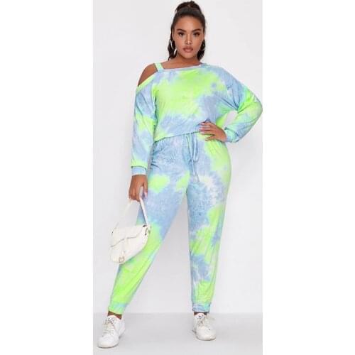 Tracksuit Sets Tie-dye Printed Long Sleeve Top + Pant 2XL To 7XL Plus Size Casual Sport Suits Women Two Piece Sets Female T2370