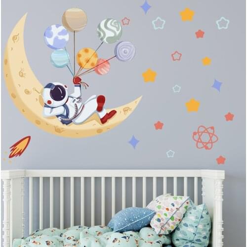 Cartoon Wall Stickers Astronaut on the moon wall decals for Kids Bedroom Wall Decoration Nursery mural Self-adhesive Wallsticker