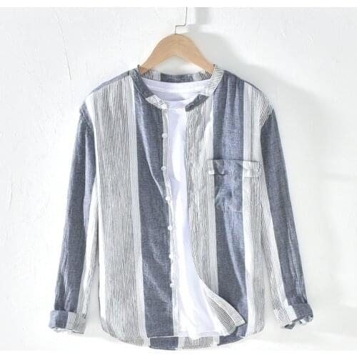 Mens Cotton Linen Shirts Striped Long Sleeve Casual Slim Mandarin Collar High Quality Mens Business Cotton Dress Shirts TS-604