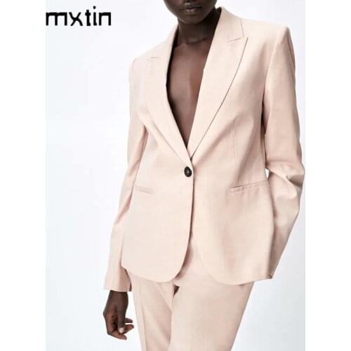 MXTIN 2021 Women Spring Vintage Solid Single Button Pockets Blazer Coat Fashion Lapel Collar Long Sleeve Female Outerwear Tops