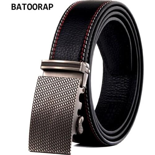 Fashion Leather Belts Black Metal Buckle Automatic Plaid Print Casual Waist Strap 3.5 CM Width Mens Belt Ratchet 19TCB-J0007