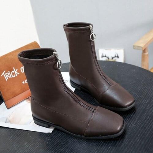 Autunm And Winter New Shoes Women Boots Front zipper Martin boots Ladies low tube square head fashion zapatos de mujer W20-23