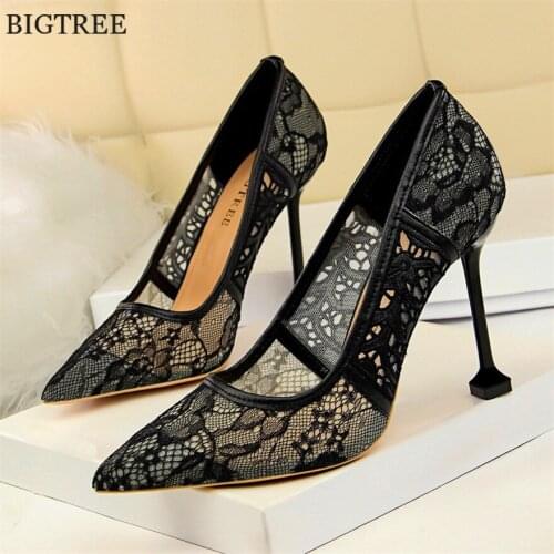 Classics Mesh Cut-Outs Women Pumps New Pointed Toe Black Sexy Transparent Flower Lace Wedding Female Party Shoes High Heels 10cm
