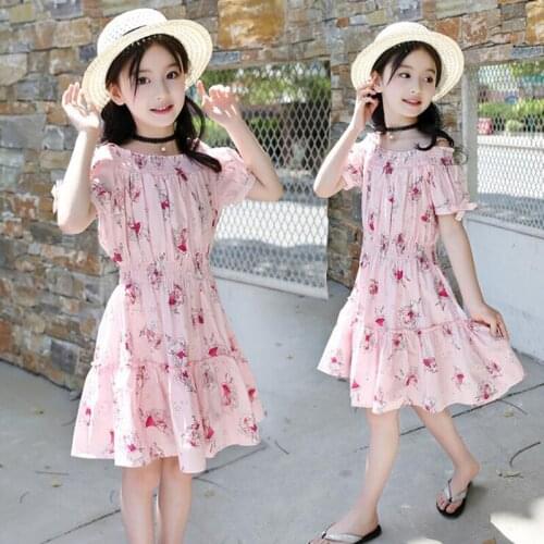 New Shoulderless Floral Printed Dresses For Girls Summer Fashion Beach Dress Knee-length Bohemian Girl Costume Childrens Cloth