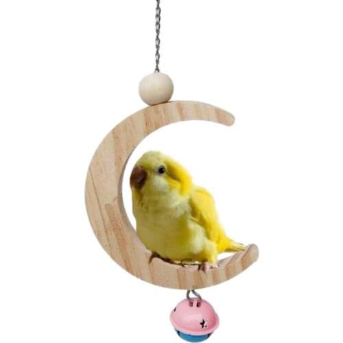 Parrot Moon-shaped Swing Perch Stand Wooden Hanging Hammock Bell Pet Cage Bird Molar Chew Toys Training Claw Feet Grinding 2021