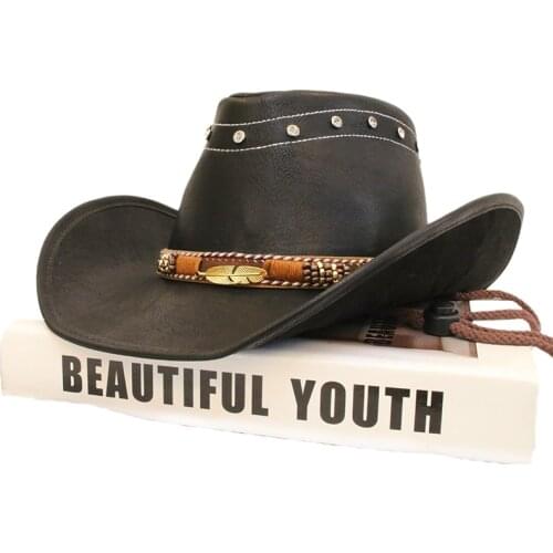 Unisex Women Men Retro Leaf PU Leather Roll Up Wide Brim Sombrero Gentleman Sun Cap Beach Cowboy Cowgirl Western Hat (58cm)