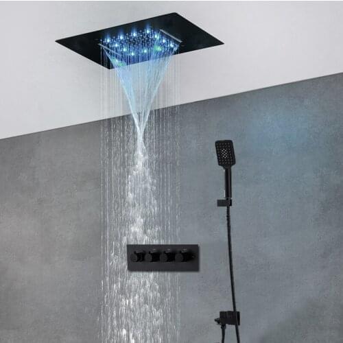 Hotel black shower set ceiling recessed rain and waterfall led shower panel hot cold 3 functions diverter valve massage shower