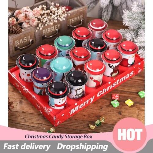 High Quality Christmas Candy Storage Box Children Gift Bucket Cans Christmas Jar With Hat Cover Printing Tin Can Random Color