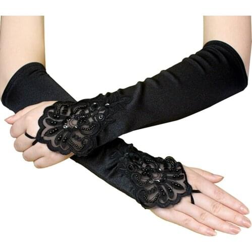 Ladies Girls Hand Gloves Womens Elbow Length Gloves Sexy Black Long Satin Fingerless Gloves Club Party Accessories