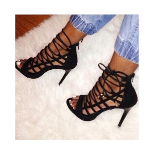 Big Size 10 Hot Selling Cheap Suede Leather Lace-up Strappy Sandals High Heel Cut-out Summer Dress shoes woman Designer Women Pu
